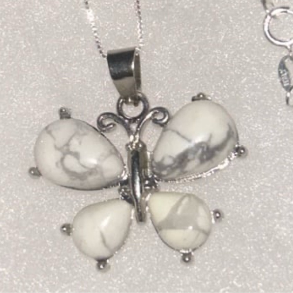 Boho hippie Howlite Crystal Butterfly Sterling Silver 16” Necklace